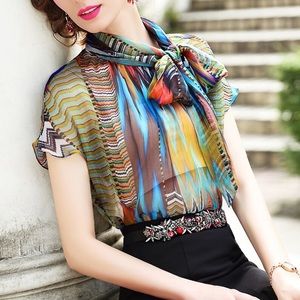 Multi-Coloured Chiffon Bow Tie Blouse